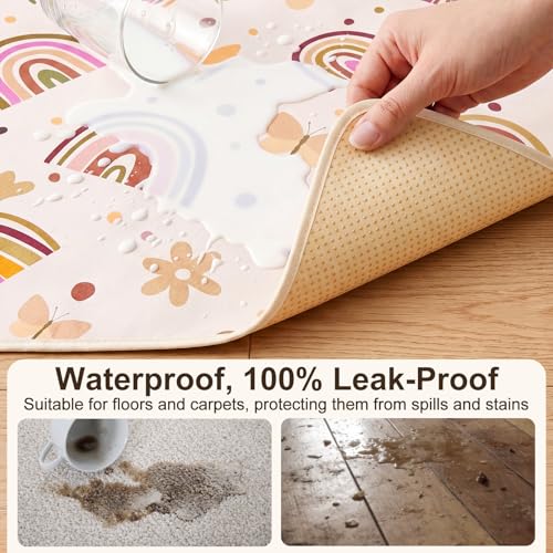 Basumee Splat Mat for Under High Chair, Waterproof & Mess-Proof Floor Mat | 51"×51" Baby Splash Mat, Non Slip Bottom, 4-Layer Fabric, Food & Liquid Catcher, Machine Wash for Boy Girl, Meals, BLW, Craft - color: Brown Rainbow, size: 51x51 Inches