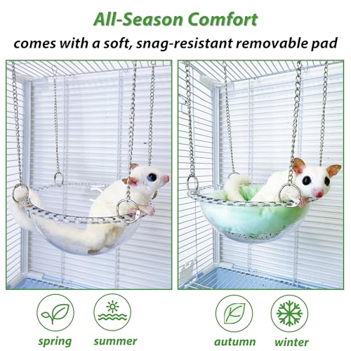 Sugar Glider Hammock for Cage, Transparent Bed for Clear Observation | All-Season Comfort with Removable Pad, Chew Proof Sleeping Pouch, Metal Chain Reinforced Sugar Glider Cage Accessories