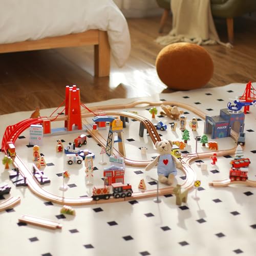 Giant bean 117 Pcs Busy Port City Wooden Train Set for Kids | Expandable & Changeable Wooden Train Track Set Toy, for Boys & Girls Ages 3-14 - color: 117pcs City Train Set