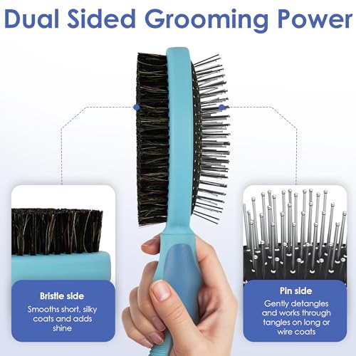 AKC Double-Sided Dog Grooming Brush, Bristle & Pin, Dogs & Cats | Soft bristles and stainless steel pins remove tangles, shedding and loose fur for all coat types. - style: 2-Sided ProBrush