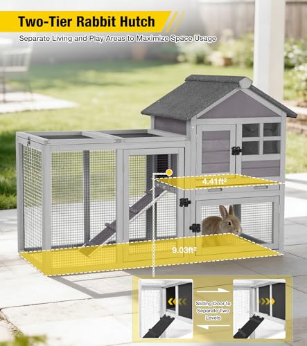 Aivituvin Two-Tier Rabbit Hutch Outdoor Bunny Cage Indoor with Weatherproof Roof Rabbit Cage with Chew-Proof Ramp and Pull-Out Tray for for Small Animals Grey