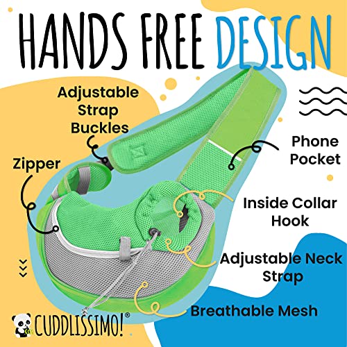 Cuddlissimo Small Dog Sling Carrier, Pet Cat Sling, Puppy Pouch - Green-S | Teacup & toy breeds under 6 lbs, Yorkie, Chihuahua, kitten, wearable purse-style shoulder bag, hands-free chest carrying - color: Lime Green