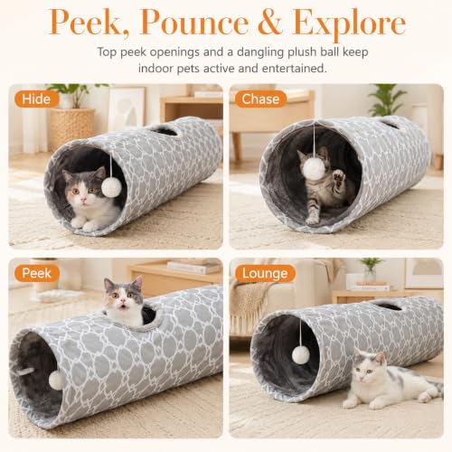 Geometric Straight Cat Tunnel with Plush Inside,Cats Toys Collapsible Tunnel Tube with Balls, for Rabbits, Kittens, Ferrets,Puppy,Diameter 11.8 Inch - size: Extra Large Straight Tunnel