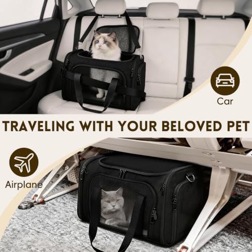 Cat Carrier Soft, Dog Carriers for Small Dogs/Large Cats (Up to 16lbs), with High Breathability, Shoulder Strap, Removable Pad, Pet Carrier Airline Approved, for Home Outdoor Travel (Black) - color: Black