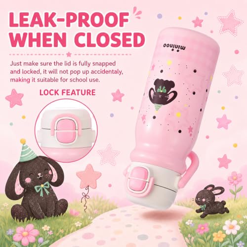 Mininoo 18oz Insulated Stainless Steel Kids Water Bottle for School, Bunny | 2-in-1 Straw & Spout Lid, Leak-Proof, BPA-Free, for Girls & Boys, Pink - color: 18oz Light Pink-Bunny