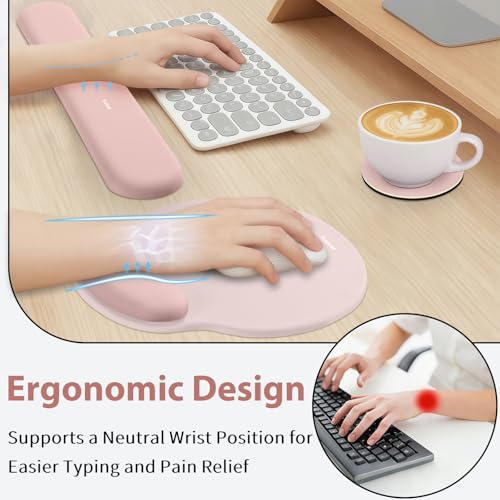 Mouse Pad and Keyboard Wrist Rest, 3-in-1 Gel Memory Foam Ergonomic Mouse Pad with Wrist Rest Set, Gaming Mousepad Arm Cushion Support for Computer Office Desk Accessories Cute Setup, Pink - color: Pink