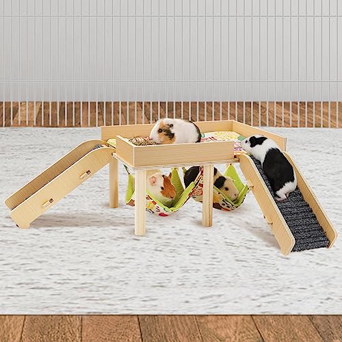 MEWTOGO Guinea Pigs Hammock with Platform, Wooden Guinea Pig Hideout with Stairs, Safe and Durable Small Pet Bed for Piggies Chinchilla Rat Hamster Bunny (Double Hammocks)