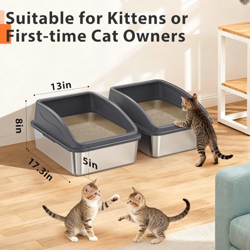 2 Pack Stainless Steel Litter Box for Kitty | Metal Kitty Litter Box with Lid High Sided for Small Cats or Injured Cats, Bunny Litter Boxes, Low Entry, Odor-Free, Non-Stick,Includes Scoop - color: Dark Gray, size: Small