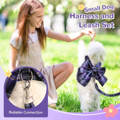 Cute Dog Harness and Leash Set with Bow Tie Soft Mesh Plaid Girl Puppy Harness No Pull Pet Cat Dog Vest Harness for Small Dogs Chihuahua Rabbit Outfit (Purple,XL) - color: Purple, size: XL(Chest 16"-18")
