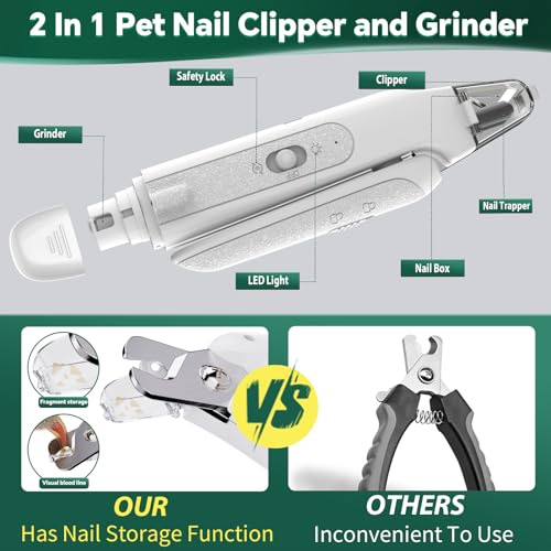 CATPICK 2-in-1 Cat Nail Clippers & Dog Nail Clippers Trimmers for Large Medium Small Dogs Cats Claw Trimmer Quick Sensor and Safety Guard USB Rechargeable with 2 LED Lights Dogs Nail Trimmer - color: White 2