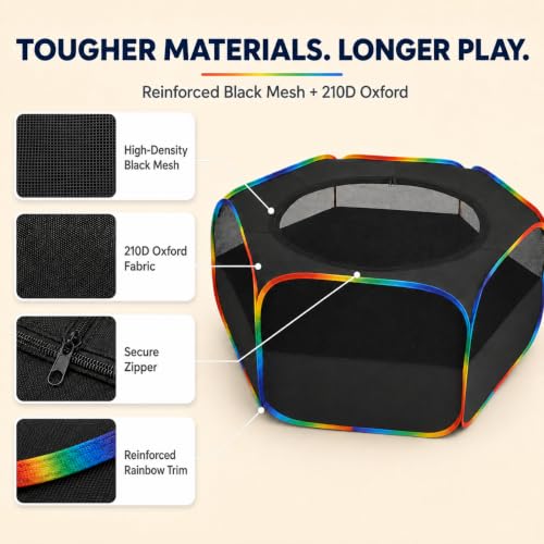 Small Animal Playpen, Chick Brooder Box, Guinea Pig Hamster Indoor Playpens & Outdoor Pet Cage Tent with Cover Top, for Kitten/Ferret/Hedgehog/Rabbit/Duckling, Black & Rainbow
