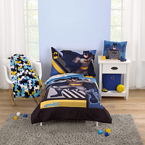Warner Brothers Batman The Caped Crusader Blue, Gray, and Yellow Bat-Signal and Batmobile 2 Piece Toddler Sheet Set - Fitted Bottom Sheet and Reversible Pillowcase - color: Batman the Caped Crusader