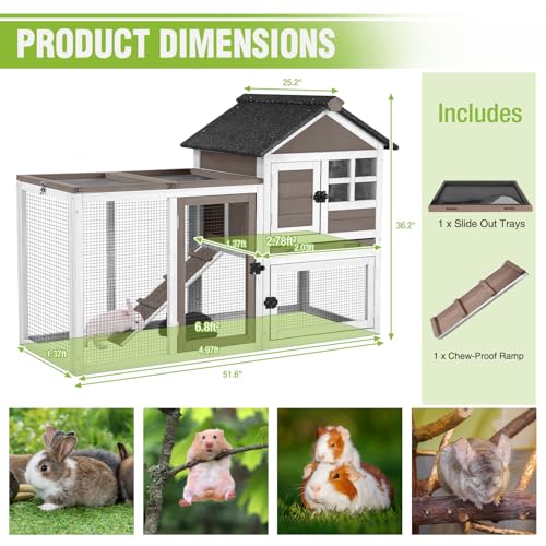 GUTINNEEN 51.6" Large Rabbit Hutch with Chew-Proof Ramp, Small Chicken Coop with Run for Outdoor, Indoor Bunny Cage Guinea Pig House with Leak-Proof Tray (Brown)