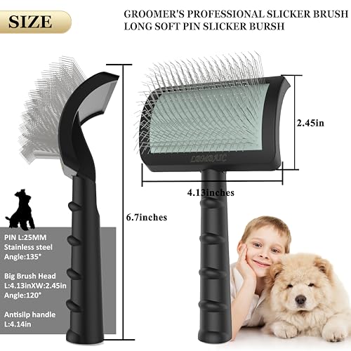 Doodle Brush Poodle Slicker Brush for Grooming Fluff Shedding Easy. | Curved Long Soft Bristles Cats Dogs Slicker Brush,Reduce Long Thick Curly Hair Tangles,Mats,Knots,Fluffy Matted Hair.25mm - color: black