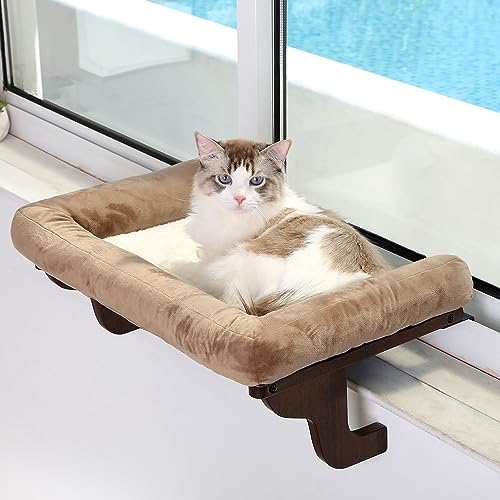 Zakkart Cat Perch for Window Sill with Bolster - Orthopedic Hammock Design with Premium Hardwood & Robust Metal Frame - Cat Window Seat for Large Cats and Kittens - Dark Stained Wood Brown Bed, 24''W - color: Dark Stained Wood with Brown Bed, size: 24''L