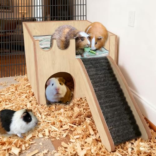Guinea Pig Hideout Wood, Hamster Hideout Large, Rabbit Castle with Ramp, Bunny House for Cage, Chinchilla House Castle, Small Animal Hideout House, for Ferret Hedgehogs Playing Hiding Sleeping