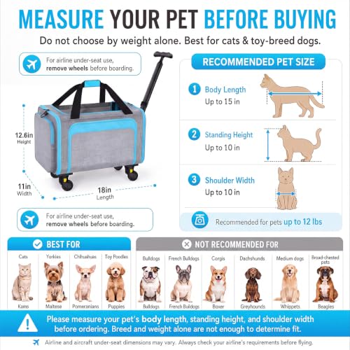 Airline Pet Carrier with Wheels, 18x11x11 for Cats & Toy Dogs | Soft-sided nylon under-seat bag, removable wheels, expandable mesh, cats & toy-breed dogs, measure pet before buying - color: Blue