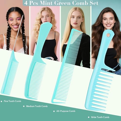SALONSILK Mint Green 4PCS Professional Comb Set, Wide Tooth Rat Tail Fine Tooth Hair Combs, Braiding Cutting Barber Styling Curly Parting Set for Men and Women - color: Mint-4 PCS