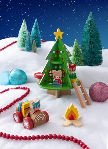 Petit Collage: Christmas Treehouse Wooden Play Set – Eco-Friendly FSC Wood Toy for Toddlers 12mo+ – Features Treehouse with Ladder, Animal Figures, Yule Log Car,Table & Accessories – Cozy