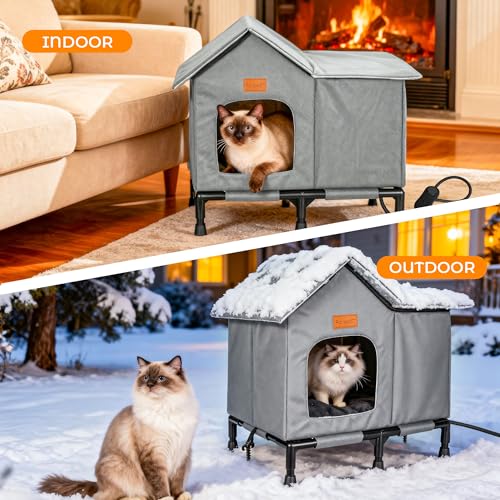 PatiencET Heated Cat House for Outside, Foldable Weatherproof Insulated Outdoor Cat House, Adjustable Temperature, Elevated Base with Ground Stakes, for Indoor/Outdoor Cats - size: Winter Large