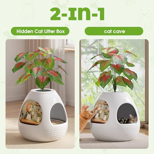 COZIWOW Eggloa6 Plant Litter Box, Hidden Cat Litter Box Enclosure, Odor Removal System, Replaceable Scratching Board, Scoop, Cat House with Cushion ＆ Heating Pad, Artificial Plants (White) - color: Light White