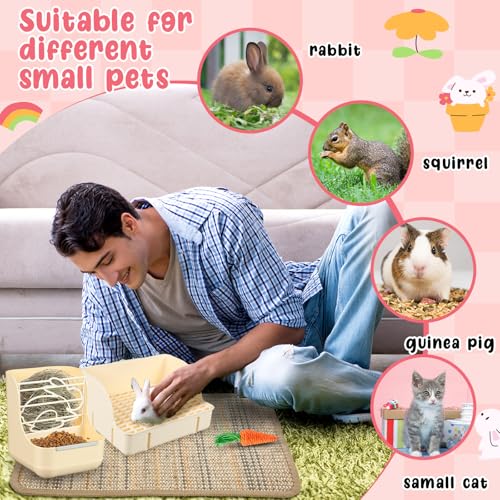Honeydak 10 Pcs Rabbit Starter Kit Small Litter Box Bunny Grooming Kit Scratch Pads Hay Feeder Bowl Ice Pad with Bunny Toys for Guinea Pig Rabbit Accessories(Beige) - color: Beige