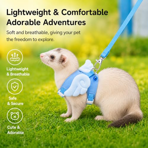 Ferret Harness and Leash Set for Adult Ferrets, Cute Angel Wing Small Animal Vest Harness, Adjustable for Ferrets Kittens Mini Dogs Blue1536-2 - color: Sky Blue