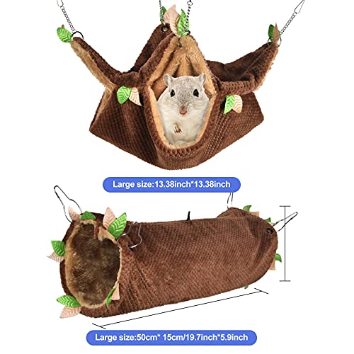 Petmolico 2 Pack Small Animal Hammocks, Warm Plush Hanging Tunnel & Double Tier Bunkbed Hammock Cage for Ferret Guinea Pig Chinchilla Squirrel Rat Hamster Hideout Sleeping Swing Hammock, Brown