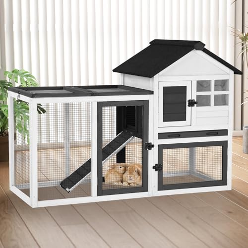 Outdoor Rabbit Hutch with Run, 2-Tier Fir Wood Bunny Cage, Waterproof Roof, Pull-Out Tray, Secure Latches, 51.6 x 20.8 x 36.2 in, Black - color: White, size: 51.6"L x 20.8"W x 36.2"H