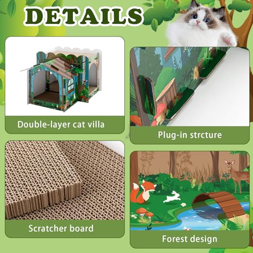Lineshading 2 Story Cardboard Cat House with Scratcher Pad, Multi Level Durable Cat Scratcher House for Small Kitten Bunny Rabbit Animals Christmas Birthday Gift(17x12x10,Forest) - style: Forest