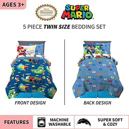 Super Mario Kids Bedding Set, Twin Size 5 Piece Comforter and Sheet Set with Sham, (Officially Licensed Product) by Franco - color: Mario, size: 5 Piece Twin Size