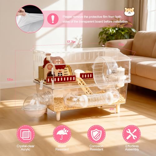 Large Hamster Cage 9 in 1 with All Accessories, 2-Layer Acrylic Hamster House with Full Transparent Viewing,Top Open Mouse Cage for Pet Mice,Hamster Habitat for Dwarf Hamster, Gerbils (Transparent) - color: Red Villa