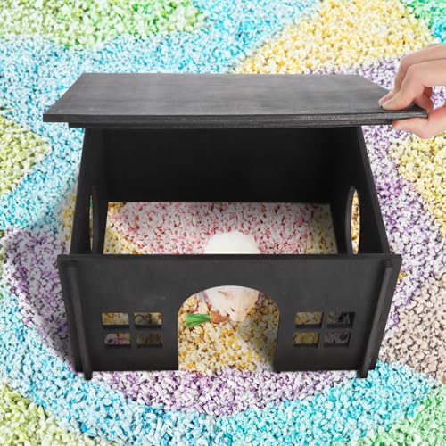 Wooden Hamster Hideout with Window Door, Soft Mat | Detachable Small Animal Guinea Pig House, Woodland House Habitats Decor for Chinchilla Mice Gerbils Mouse Dwarf