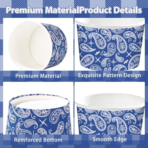 120 Pcs Western Cowboy Ice Cream Cups 12 oz Disposable Blue Red Bandana Paper Dessert Snack Bowl Western Bandana Food Yogurt Cup Container for Birthday Bachelorette Holiday Party Supplies - style: Western Blue Red Cup
