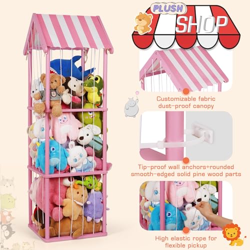 Wooden Stuffed Animal Storage Zoo 3-Tier, Anti-Tip Plush Toy Organizer | Large Capacity Stuffed Animal Organizer Holds 40+ Plushies, Anti-Tip Vertical Corner Toy Holder for Kids Nursery - color: Pink, size: Large