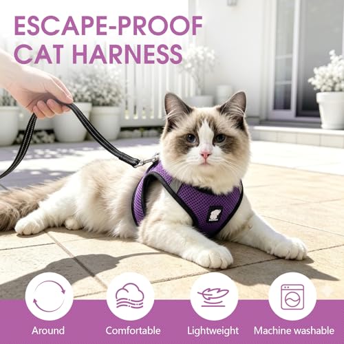 Cat Harness and Leash Escape Proof, Soft Breathable Mesh Kitty Walking Vest, Adjustable Step-in Kitten Harness Set with Reflective Strip for Small Cats - color: Purple, size: Medium