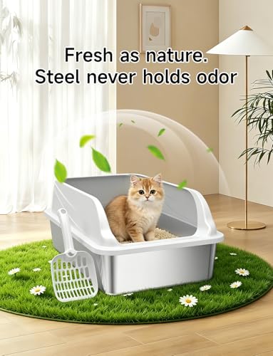 2PACK Stainless Steel Litter Boxes with Lid, Large Metal Pan Include Scoop | Odor Free Litter Pan Include Scoop Easy Cleaning Anti-Scratch Kitty Cat Box Anti-Urine Leakage, Non-Sticky - color: Grey 2PACK XL