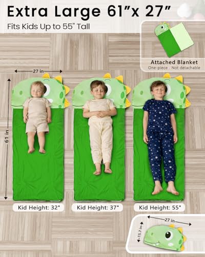 Kids Sleeping Bag, 3 in 1 Larger Plush Animal Toddler Nap Mat | Slumber Bag for Travel Sleepover Birthday Daycare Preschool Kindergarten, Boys Girls - color: Green Dinosaur, size: 61"*27