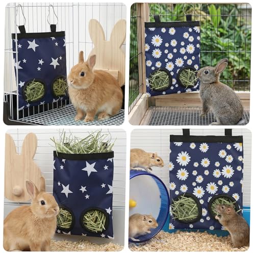 2Pcs Guinea Pig Hay Feeder, Hanging Rabbit Hay Feeder Durable Washable 2-Hole Hays Dispenser for Guinea Pigs Bunnies Chinchillas, Star＋Daisy