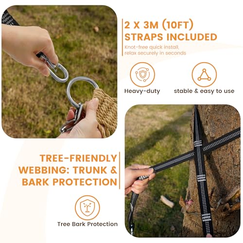Lazy Daze 13 Ft Double Handwoven Polyester Rope Hammock with Tree Straps | Mesh Hammock for 2 Person, with Spreader Bar, Carabiners, Chains for Outside, Backyard, Patio, 450 Lbs Capacity - color: Tan