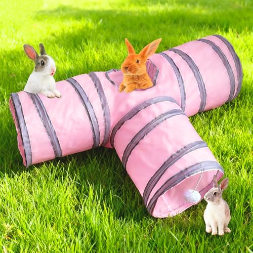 Rabbit Tunnels & Tubes Collapsible 3 Way Pink Grey, Play Tunnel Tube Toy with Hanging Ball for Kitten, Puppy, Bunny, Ferret, Interactive Toys for Fun Playtime & Exercise - color: pink