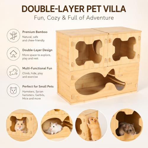 Hamster Hideout, Bamboo Wooden Hamster House with 2-Level 3-Room Maze, Small Animal Hideaway Cage Accessory, Assembly Required for Dwarf Hamsters, Syrian Hamsters, Gerbils, Mice, Rats