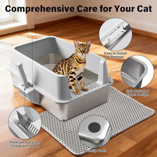 Stainless Steel Litter Box, Extra Large Cat Litter Box for Big Cats | High Sided, Anti-Urine Leakage, Easy Clean, Odor-Free, Non-Sticky, Includes Scoop & Mat - size: XL(23" x 14.6" x 10")