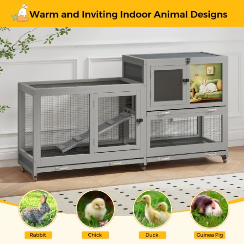 COZIWOW Grey 2-Tier Wooden Rabbit Hutch, Indoor Rabbit Cage | 2-Tier Rabbit House Features Rolling Wheels, Easy-Clean Tray, Anti-Slip Ramp And Air Circulation Vents - size: 2-compartment rabbit cage