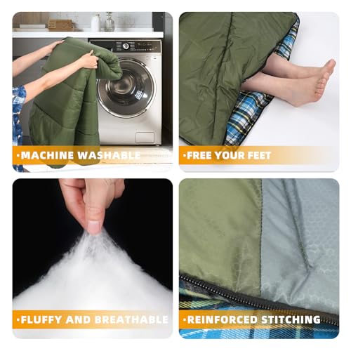 Cotton Flannel Lined Sleeping Bag for Adults Teens Kids, Cold Weather & Warm, 3 Seasons, Lightweight Compact Camping Essentials Equipment, Hiking, Outdoor, Travel - color: Green Grey
