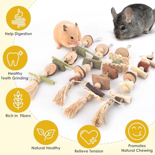 DBNESS 4 Pcs Bunny Chew Toys for Teeth, Hanging Rabbit Chewing Toy Treats with Timothy Grass & Natural Apple Wood, Improve Small Rodent Dental Health for Guinea Pig Hamster Chinchilla Rat Gerbil - size: 4 Pcs