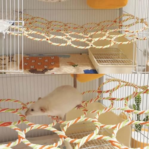 Rat Climbing Activity Bundle - 2pc Hemp Rope Net & Adjustable Wooden Ladder Set - Includes Hanging Bridge and Multi-Level Platforms for Rats Mice Parrots Small Pets Cage Accessories