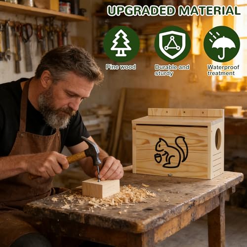 Widened Medium Wooden Squirrel House for Outside | Squirrel Nesting Box, Squirrel Boxes for Outside，Outside Nesting, Chipmunk Houses, Easy Assembly - size: Medium