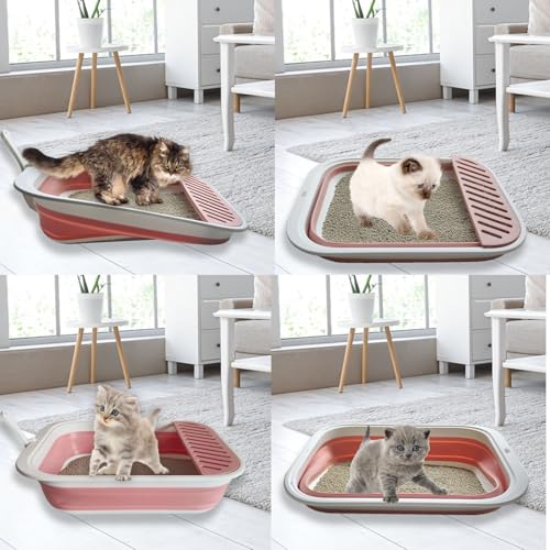 Low Entry Kitten Litter Box Collapsible Shallow Litter Box | Senior Cats Anti-Splashing Kitty Training Open Potty Pan Scoop Leak-proof pedal Cat Toilet No Smell Easy Clean - color: Pink, size: Medium