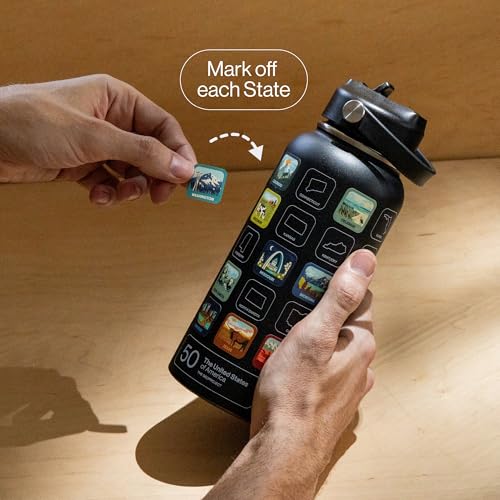 THE GEOPROJECT 50 States Bucket List Water Bottle with Stickers - 32oz Leakproof Insulated Stainless Steel with Straw & 50 States Water Bottle Stickers (Black) - color: Coal/Black